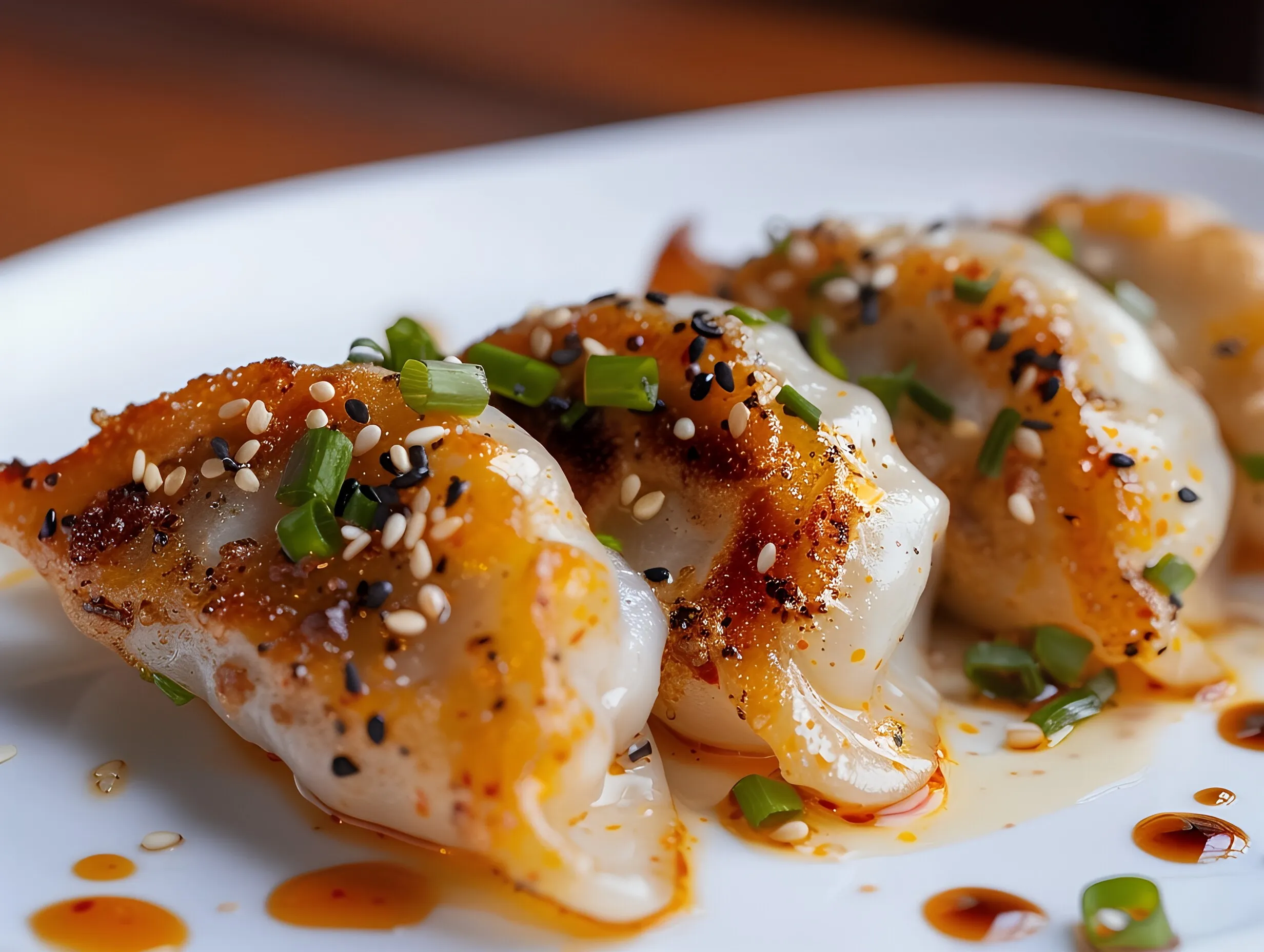 Crisp pan-fried dumplings close up