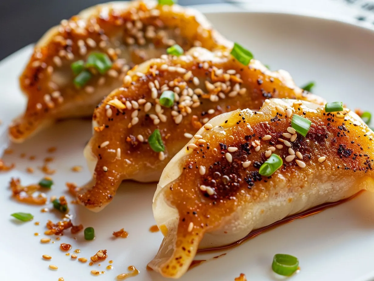 Pan-fried dumplings with sesame and spring onion