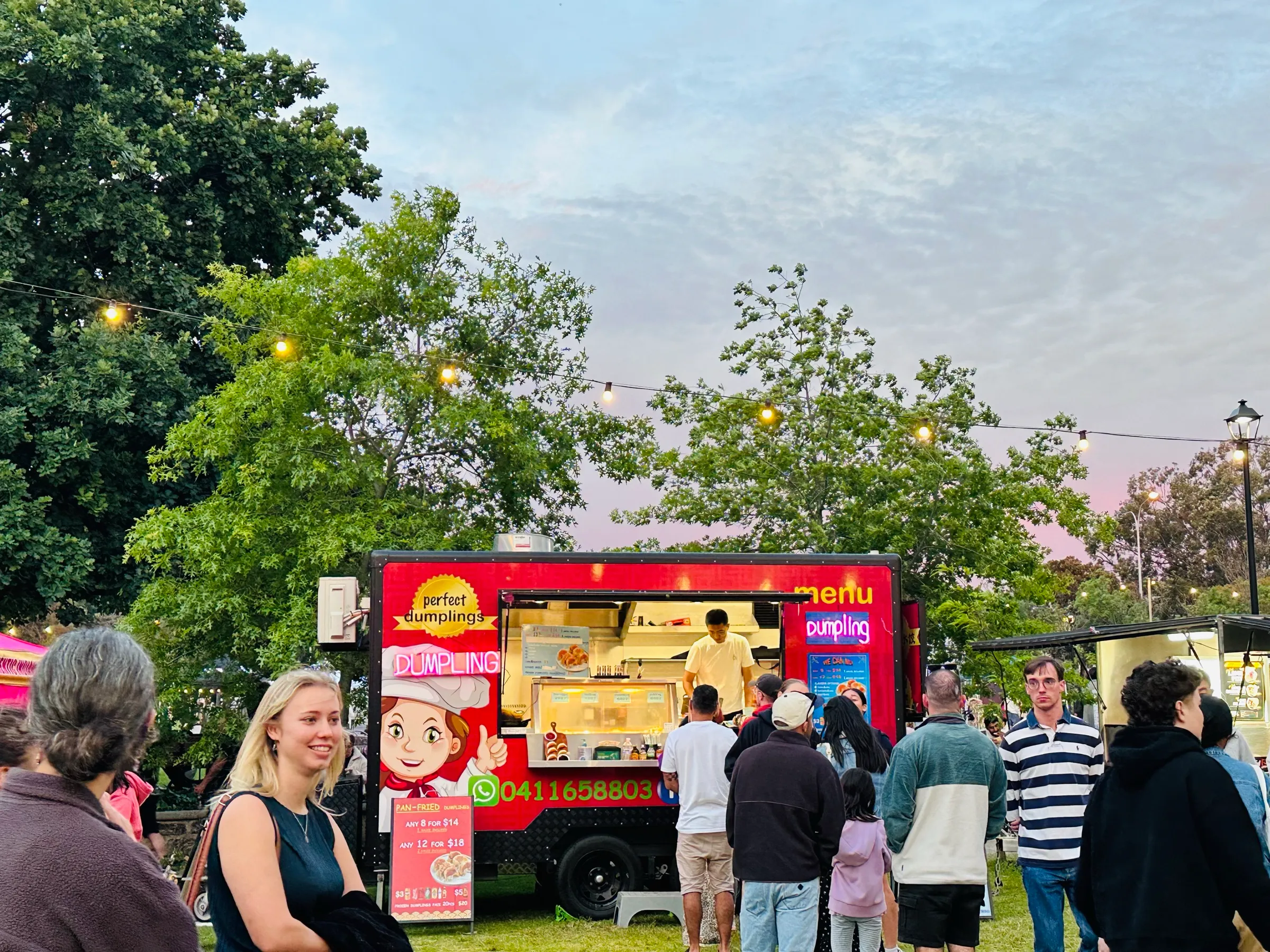 Just Dumplings food truck at a Perth market at sunset